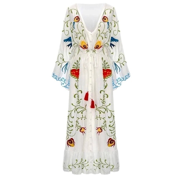 Bohemian Secret Garden Embroidered Cotton Blend Maternity Kimono Gown - Picture 6 of 12